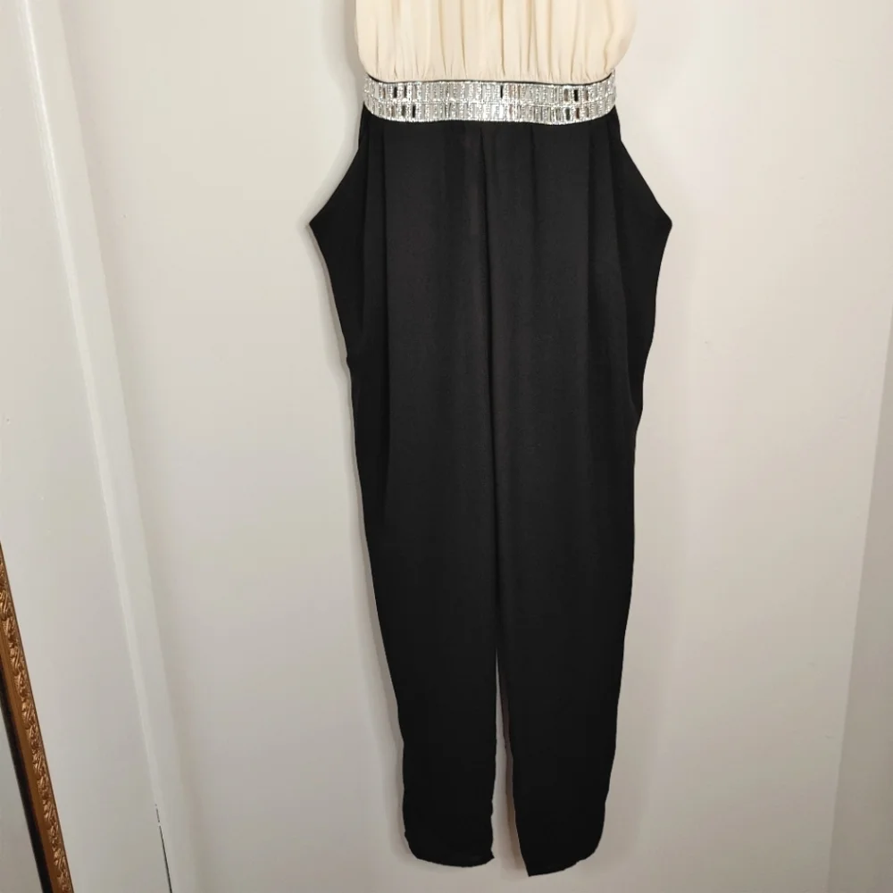 Line Up Y2k black & cream rhinestone halter jumpsuit. Size L - Picture 3 of 14